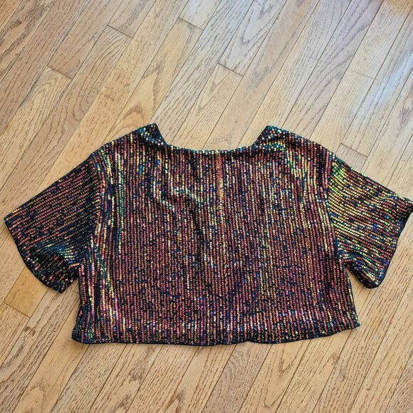 ICON Drop Shoulder Sequin Mesh Crop Blouse L Holiday Outfit - Picture 8 of 16